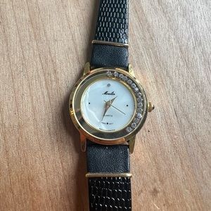 Moulin ladies sliding crystals black leather dress watch NEW BATTERY